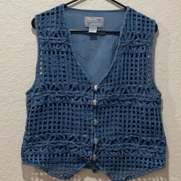 Vintage Denim Flower Vest See Thru With Tie on Back Size Large - Picture 2 of 8